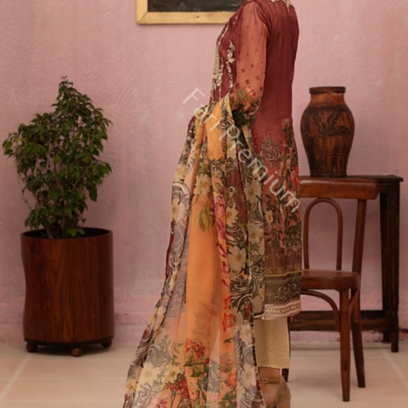 Pakistani Branded Fancy Embroidered Shaded Masuri 3-Piece Shalwar Kameez Orange - Picture 3 of 17